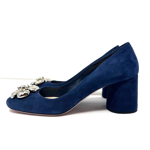 PRADA blue suede block heels, silver tone floral accents, made in Italy, size 39 - Picture 5 of 13